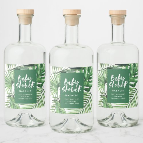 Green stylish tropical foliage modern baby shower liquor bottle label