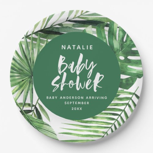 Green stylish tropical foliage modern baby shower paper plates