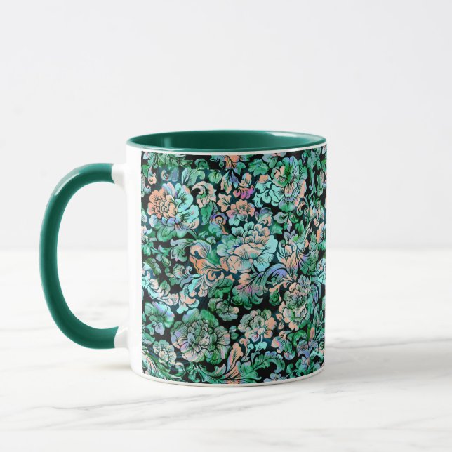 Green Stylized Floral Pattern Mug (Left)