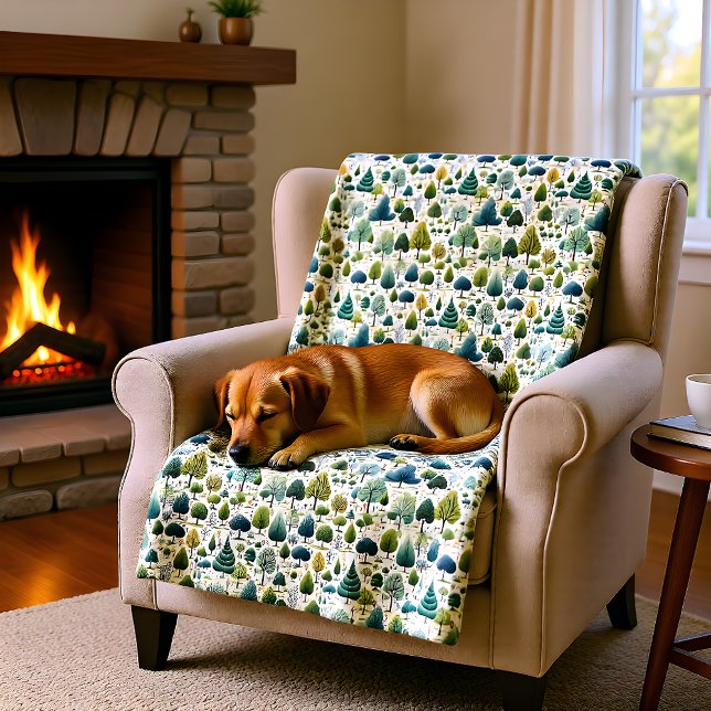 Green Stylized Trees Botanical Print Illustration Fleece Blanket (Creator Uploaded)