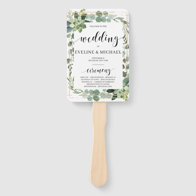 Green succulent floral gold geometric wedding hand fan (Front)