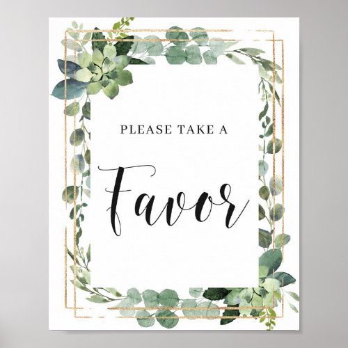 Green Succulent Floral Leaves Gold Favors Sign