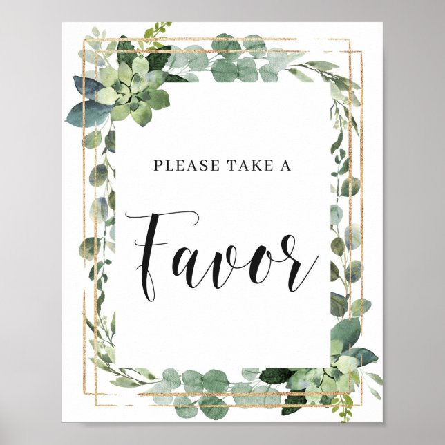 Green Succulent Floral Leaves Gold Favors Sign (Front)