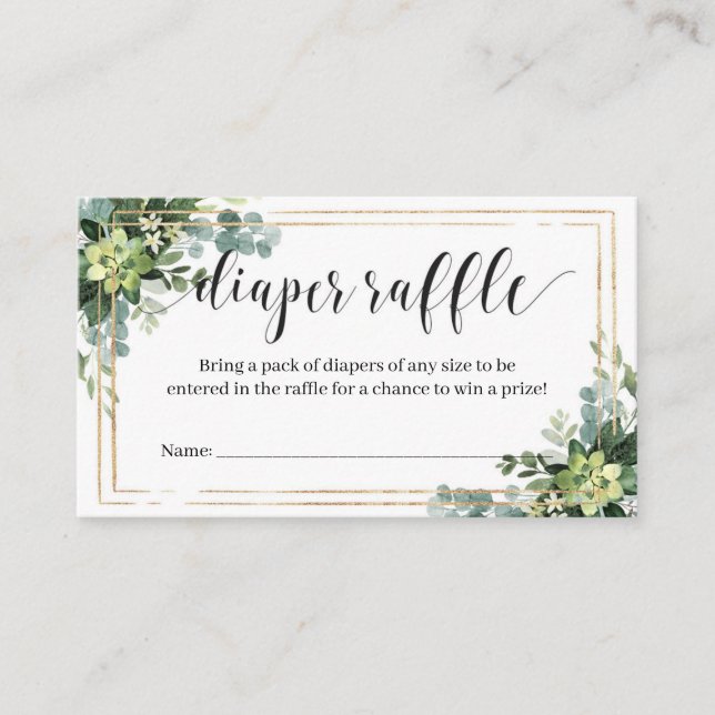 Green Succulent Flowers Gold Frame Diaper Raffle Enclosure Card (Front)
