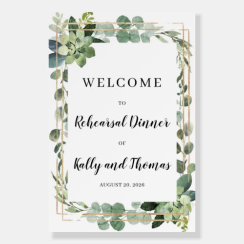 Green succulent flowers rehearsal dinner welcome  foam board