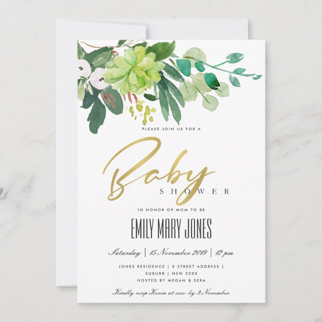 GREEN SUCCULENT FOLIAGE WATERCOLOR BABY SHOWER INVITATION (Front)