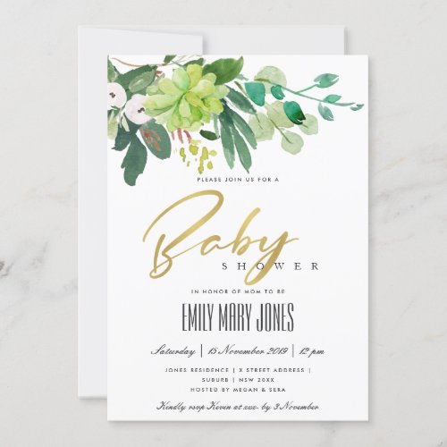 GREEN SUCCULENT FOLIAGE WATERCOLOR BABY SHOWER INVITATION