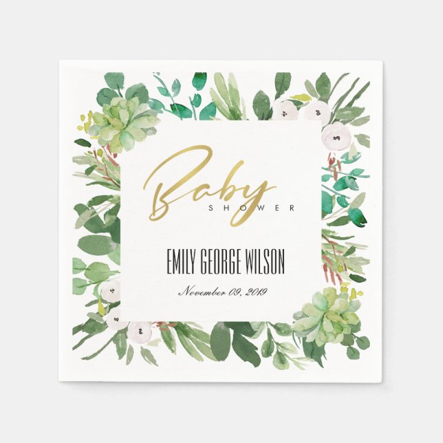 GREEN SUCCULENT FOLIAGE WATERCOLOR BABY SHOWER NAPKINS (Front)