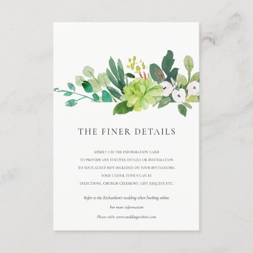 GREEN SUCCULENT FOLIAGE WATERCOLOR WEDDING DETAIL ENCLOSURE CARD