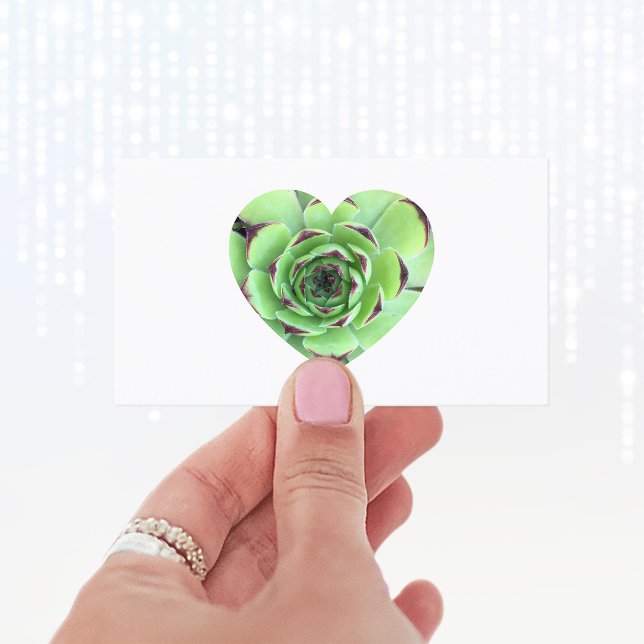 Green Succulent Heart Shape Photo Business Card (Create your own heart shape photo business cards.)