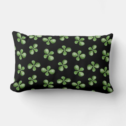 Green Succulent Leaves on Black Lumbar Pillow