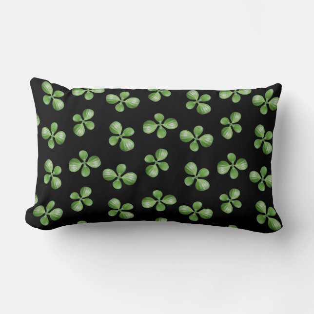 Green Succulent Leaves on Black Lumbar Pillow (Front)
