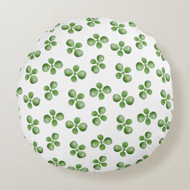 Green Succulent Leaves on White Round Pillow (Front)