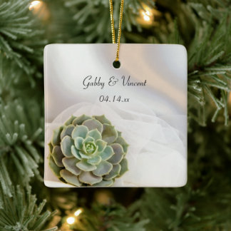 Green Succulent on White Wedding Ceramic Ornament