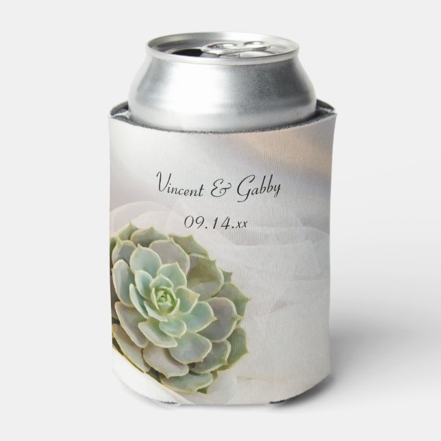 Green Succulent on White Wedding Favor Can Cooler (Can Front)
