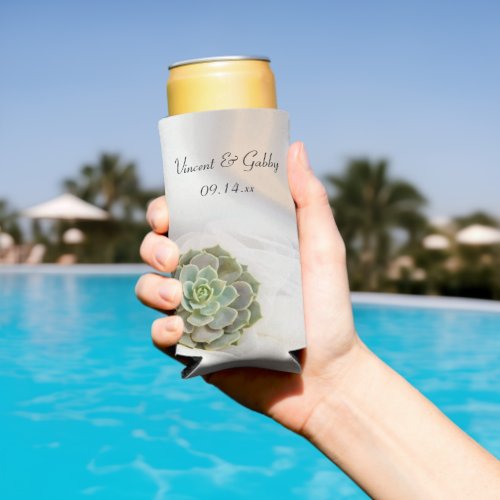 Green Succulent on White Wedding Favor Seltzer Can Cooler