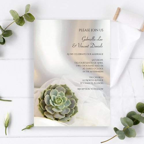 Green Succulent on White Wedding Invitation