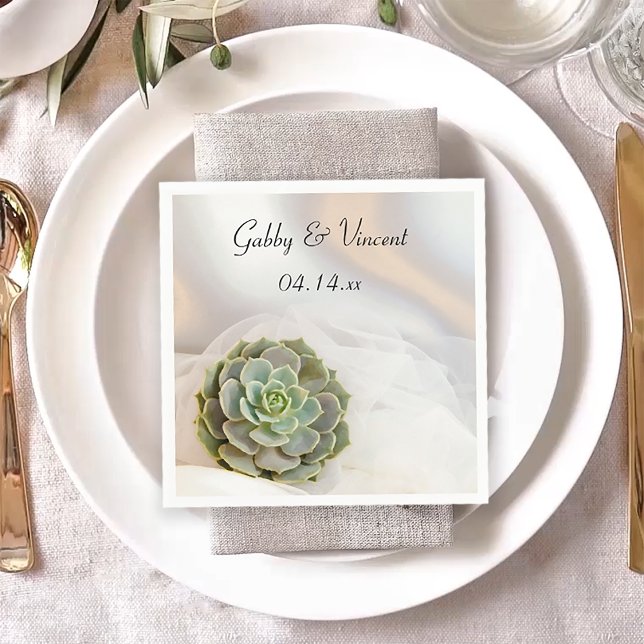 Green Succulent on White Wedding Napkins (Creator Uploaded)