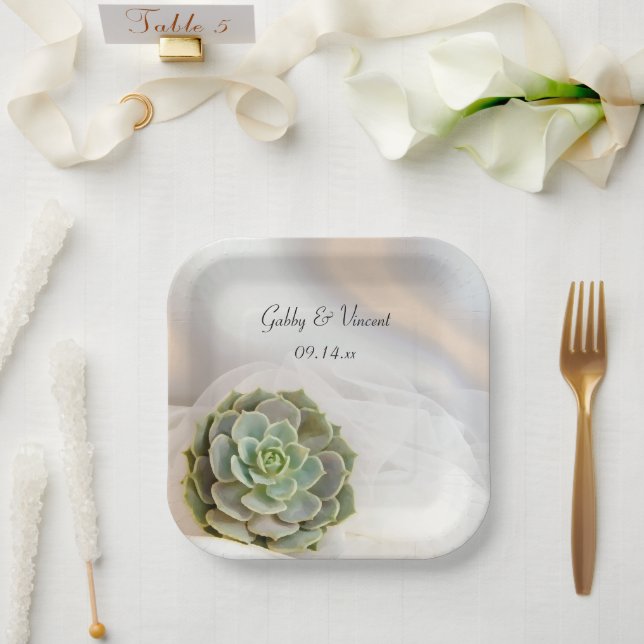 Green Succulent on White Wedding Paper Plates (Wedding)