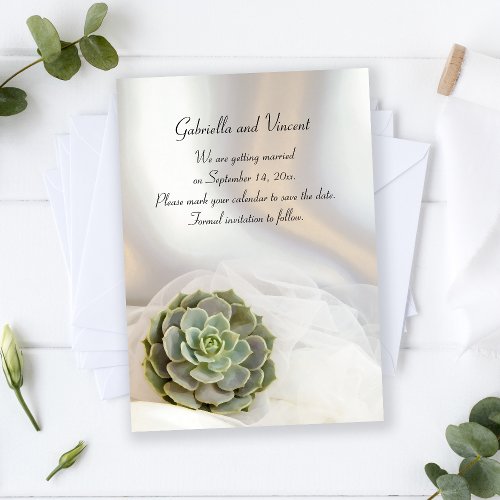 Green Succulent on White Wedding Save the Date Invitation