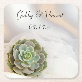 Green Succulent on White Wedding Square Paper Coaster