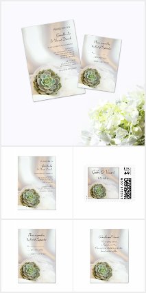 Green Succulent on White Wedding Stationery