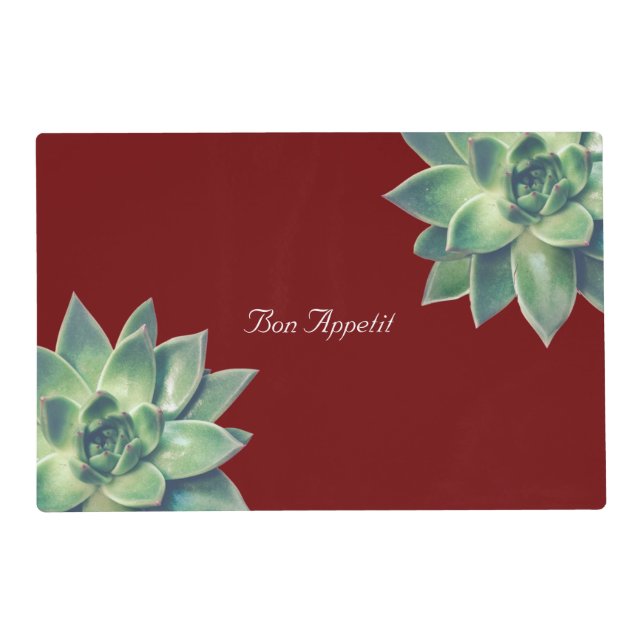 Green Succulent Plant on Maroon Placemat (Front)