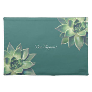 Green Succulent Plant on Teal Cloth Placemat