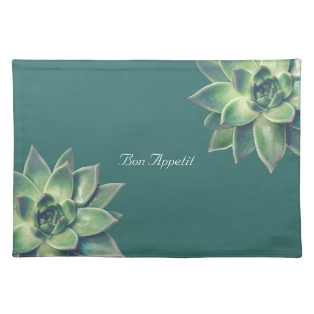 Green Succulent Plant on Teal Cloth Placemat (Front)