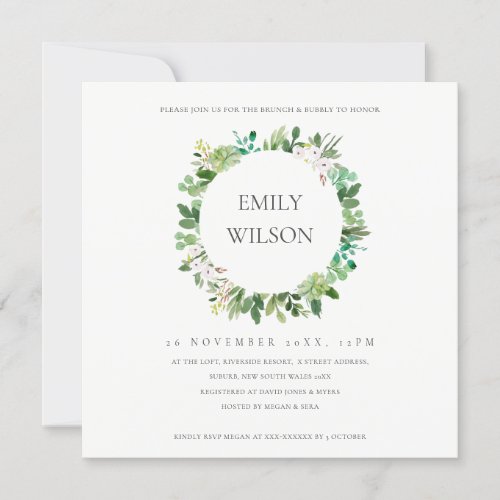 GREEN SUCCULENT WREATH FAUNA BRUNCH BUBBLY INVITE