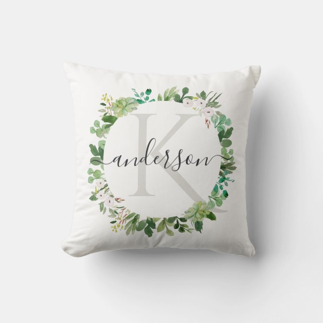 GREEN SUCCULENT WREATH FOLIAGE WATERCOLOR MONOGRAM THROW PILLOW (Front)