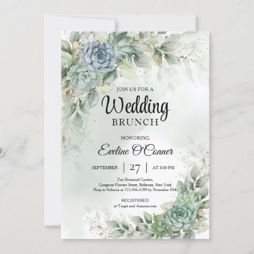 Green succulents and eucalyptus wedding brunch invitation