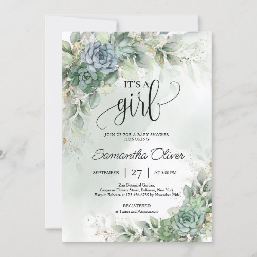 Green succulents eucalyptus foliage its a girl invitation