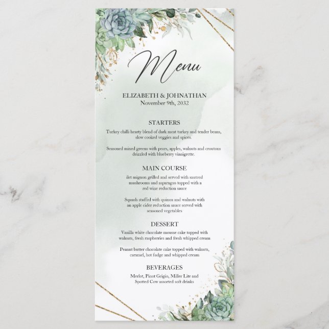 Green succulents eucalyptus gold frame dinner menu (Front)