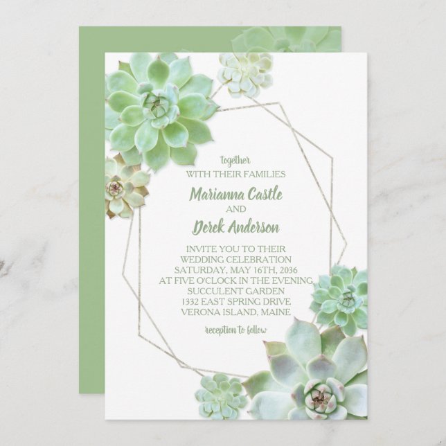 Green Succulents Geometric Wedding Invitation (Front/Back)
