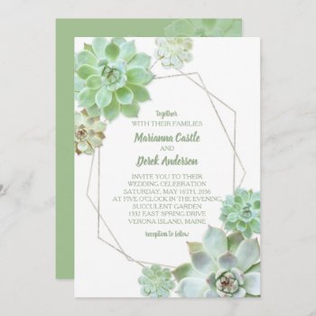 Green Succulents Geometric Wedding Invitation by BridalHeaven at Zazzle