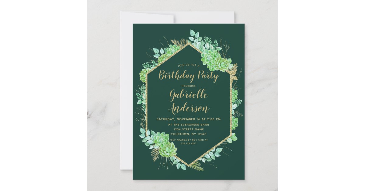 Green Succulents Gold Birthday Party Invitation | Zazzle