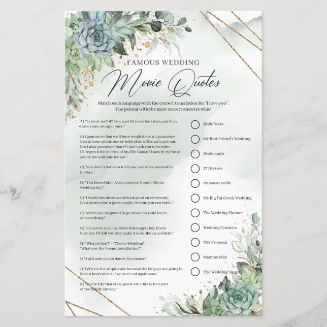 Green succulents gold Famous Wedding Movie Quotes (Front)