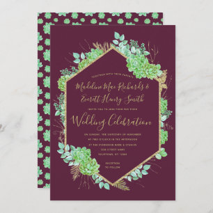 Green Succulents Gold Frame Wedding Invitation