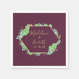 Green Succulents Gold Frame Wedding Monogram Napkins