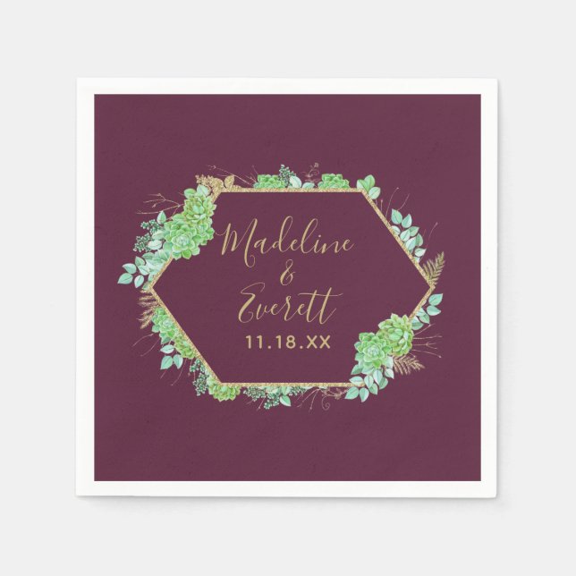 Green Succulents Gold Frame Wedding Monogram Napkins (Front)