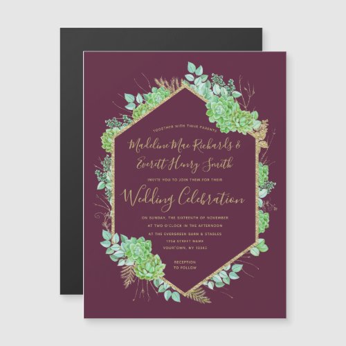 Green Succulents Gold Magnetic Wedding Invitation