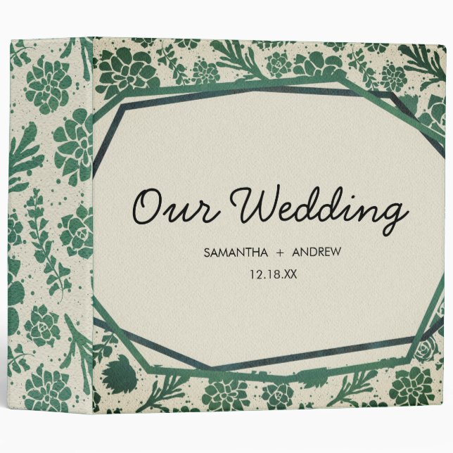Green Succulents in Natural Wedding Photo Album Binder (Front/Spine)