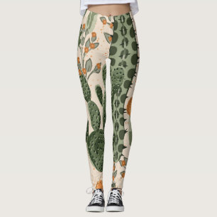 Green succulents, orange flowers, beach wallpaper. leggings