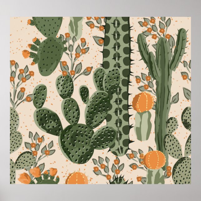 Green succulents, orange flowers, beach wallpaper. poster (Front)