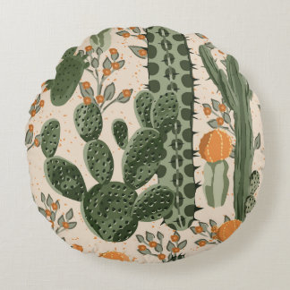 Green succulents, orange flowers, beach wallpaper. round pillow