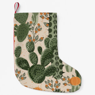 Green succulents, orange flowers, beach wallpaper. small christmas stocking