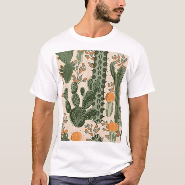 Green succulents, orange flowers, beach wallpaper. T-Shirt (Front)
