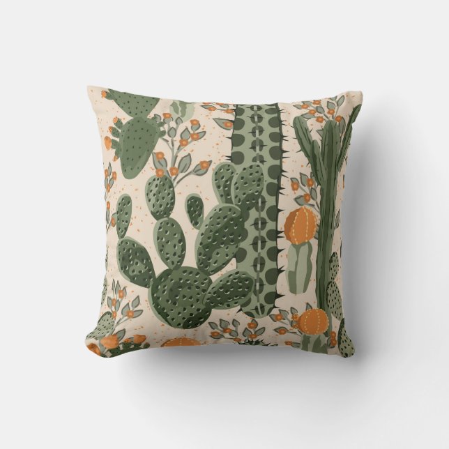 Green succulents, orange flowers, beach wallpaper. throw pillow (Front)
