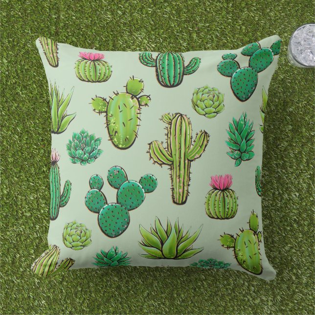 Green Succulents  Outdoor Pillow (Grass)